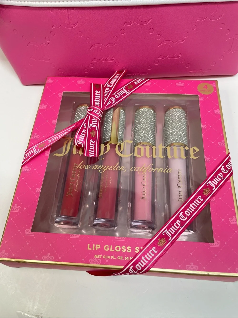 Juicy Couture Pink Lip Gloss Set with Matching Pink Makeup Bag 12x8